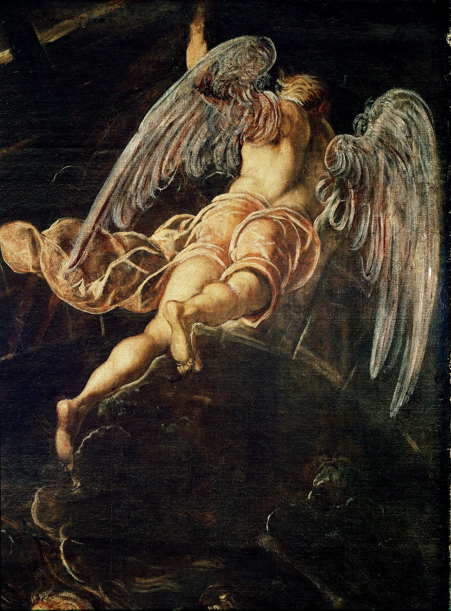 Jesu Kristi nedstigning til limbo Detalje af en engel. Maleri af Jacopo Robusti detto il Tintoretto (Tintoret af Domenico Robusti Tintoretto