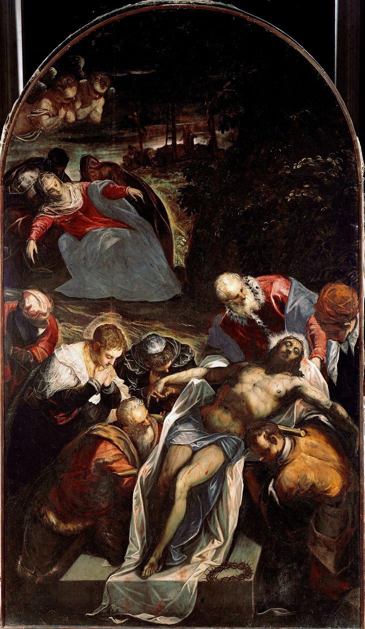 Graven Blandt karaktererne omkring Jesu Kristi legeme: Sankt Nikodema, Josef af Arimathia, Sankt Johannes, Jomfru Maria og Sankt Johannes. Maleri af Jacopo Robusti kaldet Tintoret (Tintoretto) (1518-1594) 1593-1594 Søn. 288x166 cm Venedig, C af Domenico Robusti Tintoretto