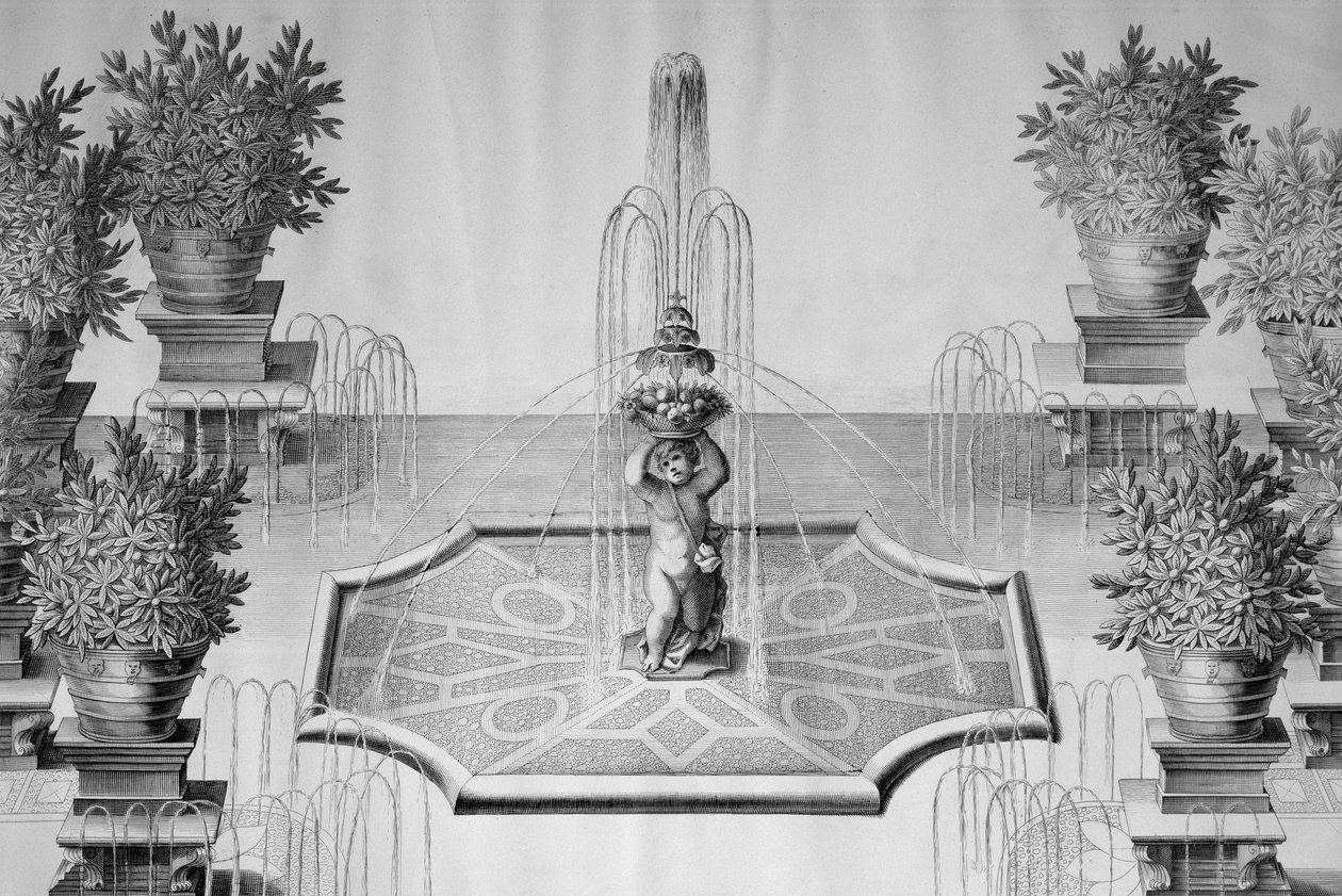 Blomsterfontænen i Villa Barbarigos have i Valsanzibio (Veneto), gravering af Domenico Rossetti (1651-1736) fra fabrikkerne og haverne i det fremragende Casa Barbariga Valsanzibio, trykt i Verona i 1702, Italien af Domenico Rossetti