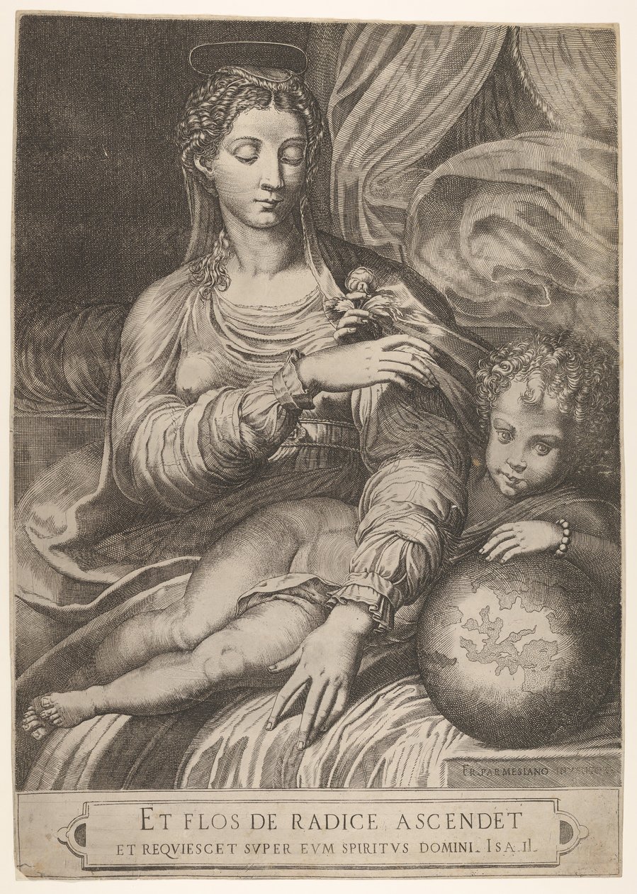 Madonna af Rosen, hun rækker ud efter en rose holdt af Kristusbarnet, som hviler sin venstre..., 1560-75. af Domenico Tibaldi