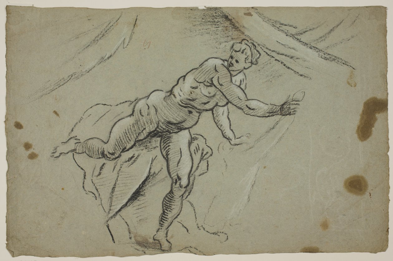 Nøgen kvinde med et stykke stof i hænderne, der hastigt forlader et telt af Domenico Tintoretto
