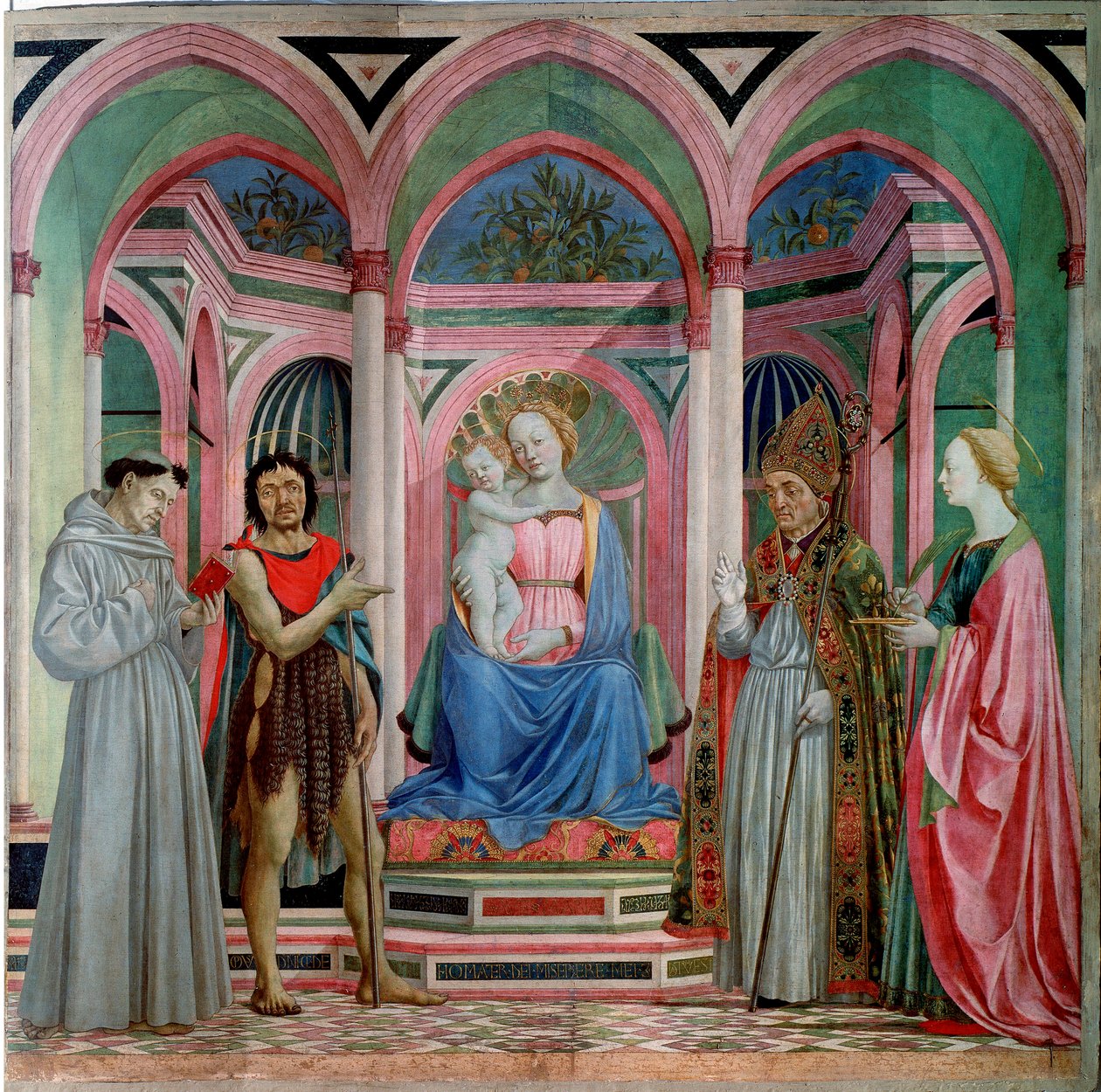 Altertavle af Santa Lucia dei Magnoli: Madonna og barn med Saint Lucia, Saint Francois, Johannes Døberen og Saint Zanobi (Zenobie) Detrempe på træ af Domenico Veneziano (Domenico di Bartolomeo) (begyndende 15. århundrede-1461) 1455 ca. Sol. 209 x 213 c af Domenico Veneziano