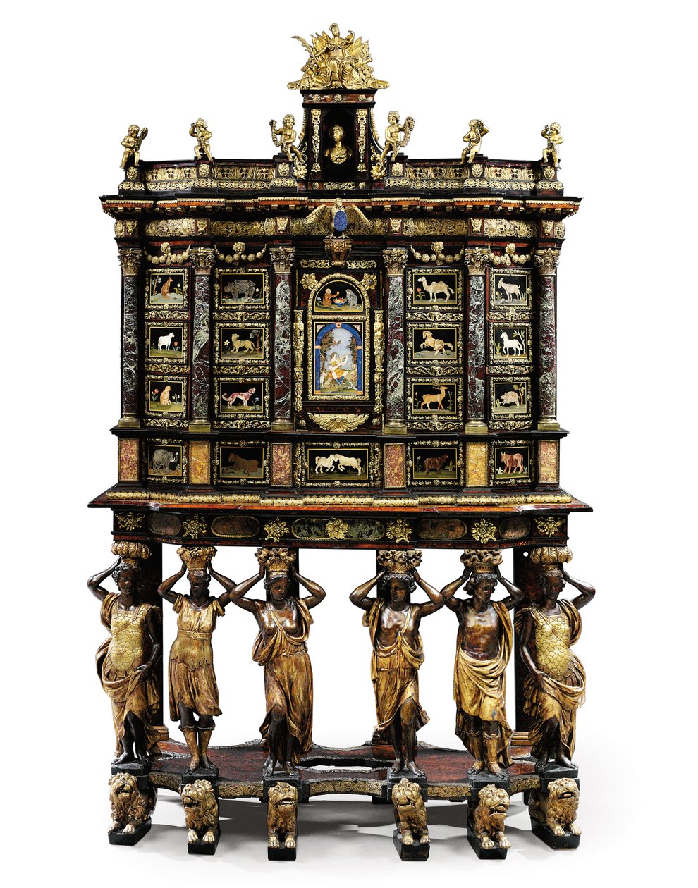 Louis XIV skab-på-stand (forgyldt bronze, pietra dura, skildpadde, ask, eboniseret og pakkeforgyldt) (se også 1766356-7) af Domenico and Gobelins workshop (attr. to) Cucci