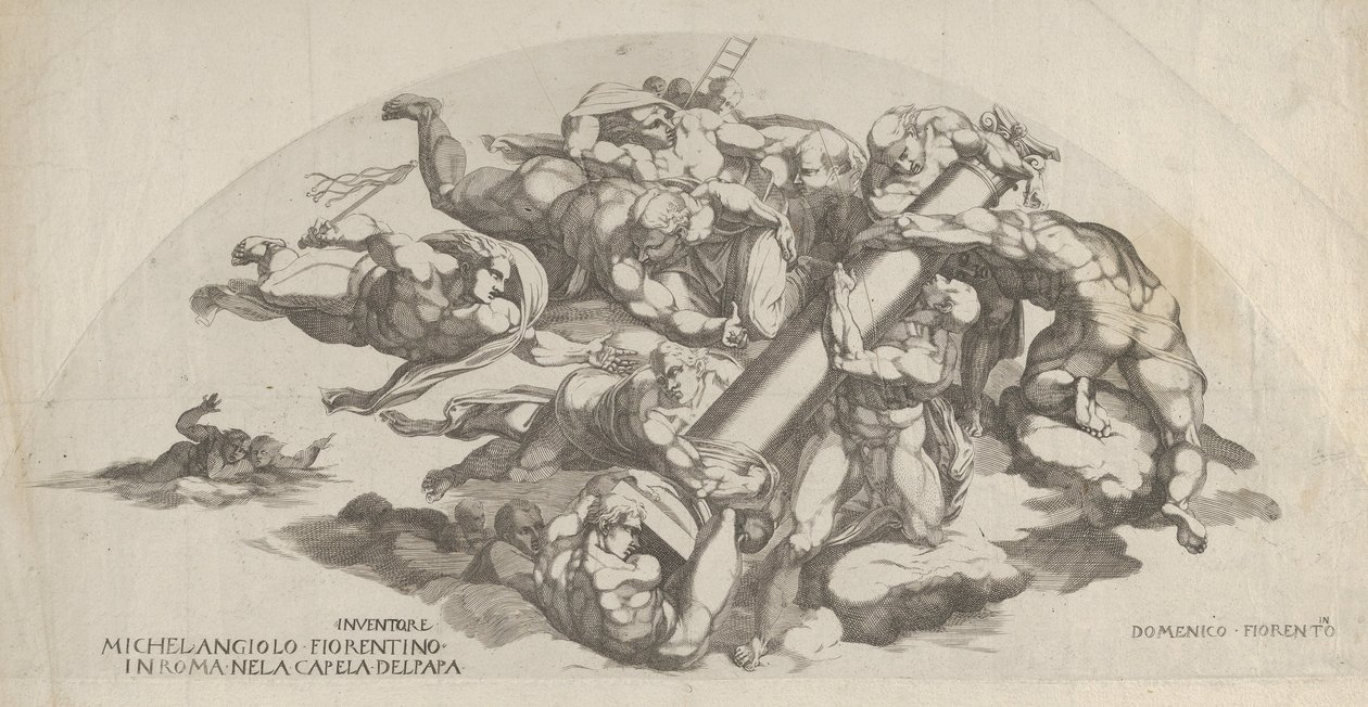 Gruppe fra den sidste dom, engle der bærer flagelationens søjle og t..., 1500-tallet. af Domenico del Barbiere