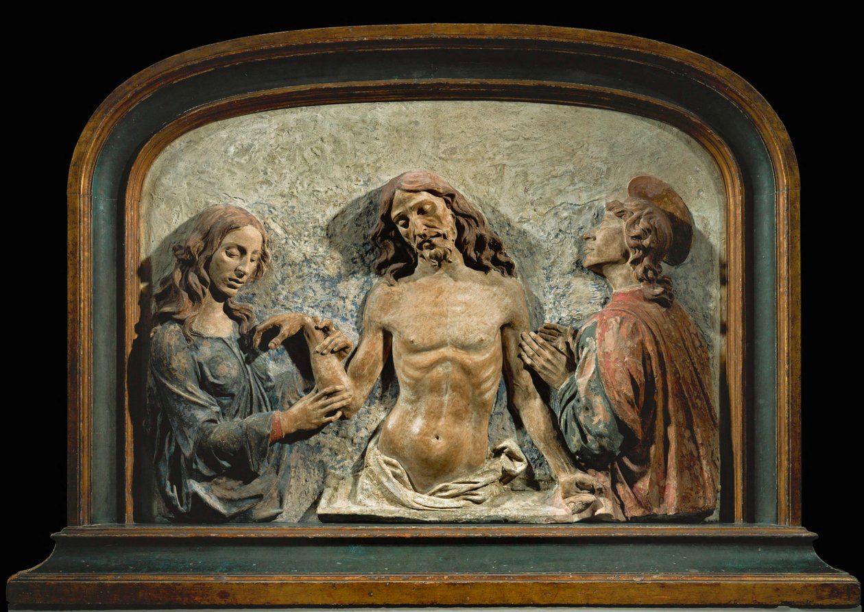 Den døde Kristus tilbedt af Johannes Evangelisten og Maria Magdalena ... af Domenico di (15th century) Paris