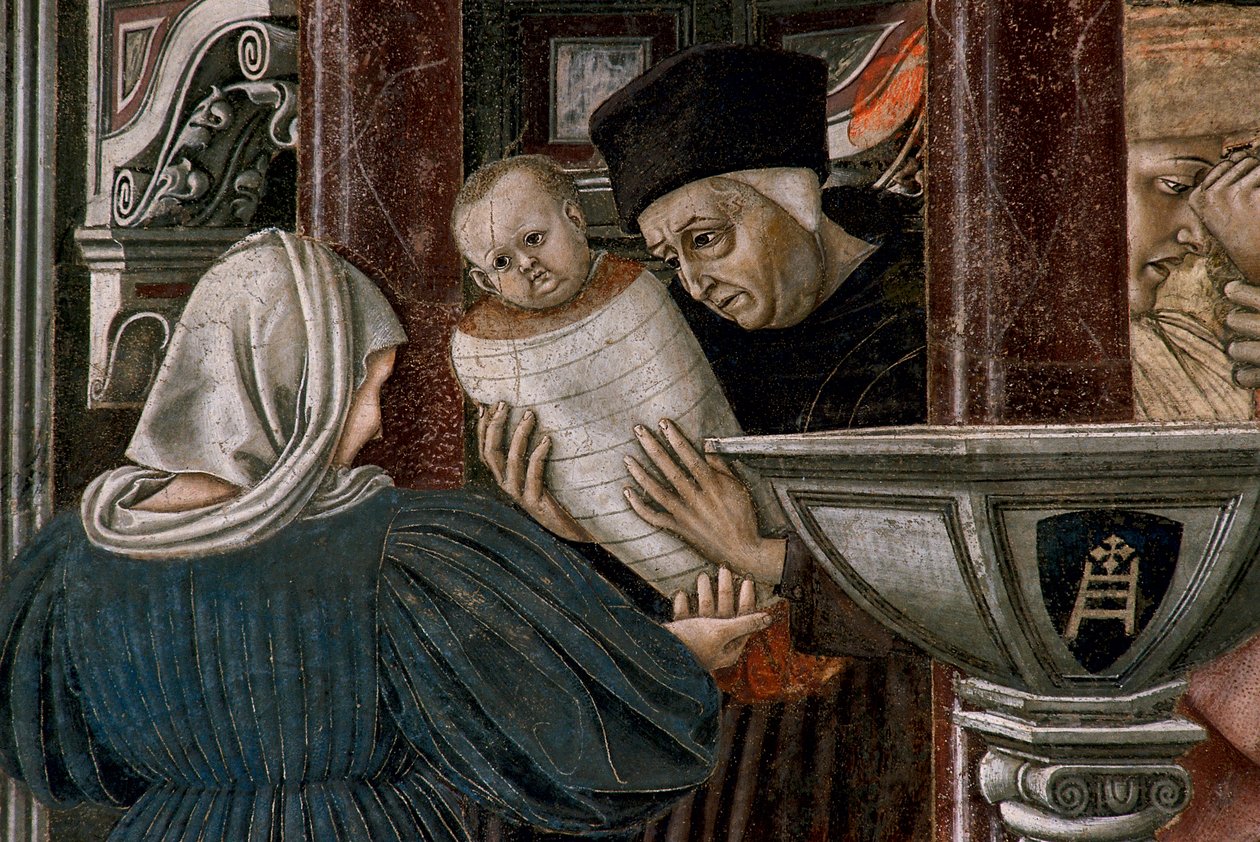 Hospitalets historie: "" Udsigt over børnehjemmet Santa Maria della scala i Siena "" ægteskabet med et ungt forældreløst barn. Detalje, der repræsenterer opgivelsen af ​​det forældreløse barn ved fødslen. Fresco af Domenico di Bartolo (1400/1404-1445/47) i af Domenico di Bartolo