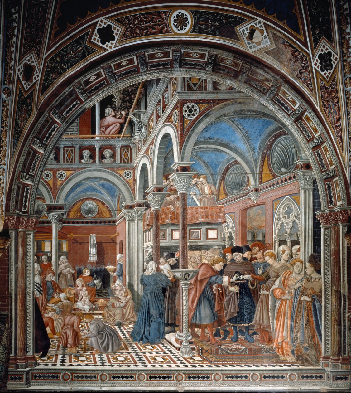 Udsigt over børnehjemmet Santa Maria della Scala i Siena Til venstre tager barnepigene sig af efterladte børn, til højre en gravid kvinde tvunget til at gifte sig. Fresco af Domenico di Bartolo (aktiv mellem 1428 og 1447) Spedale di Santa Maria del af Domenico di Bartolo