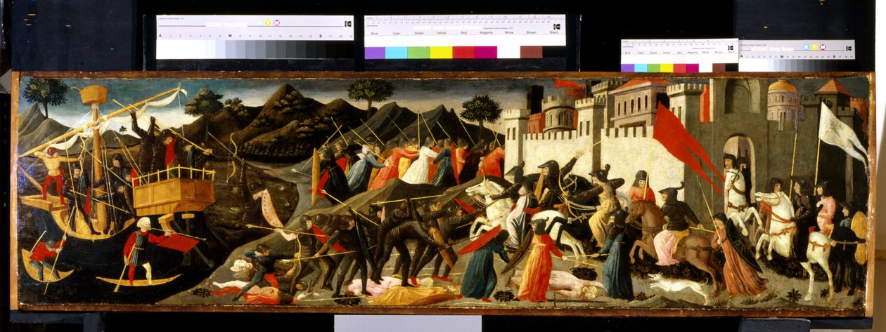 Battle Of Camilla And Aeneas (tempera på træ) af Domenico di Michelino