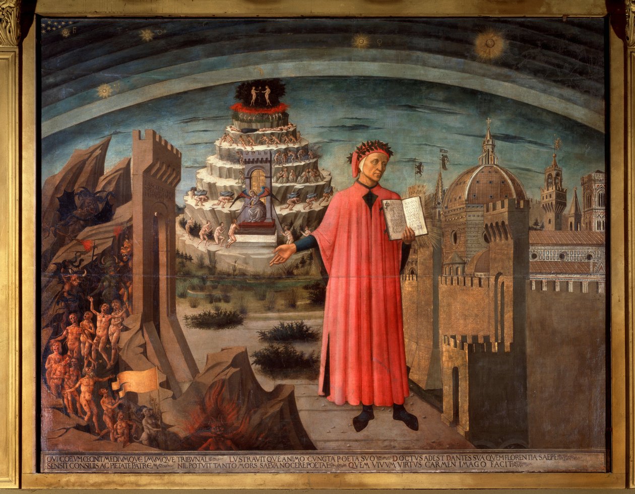Dante Alighieri og hans komedie. Portræt af lejer Dante ved den vigtigste guddommelige komedie af Domenico di Michelino