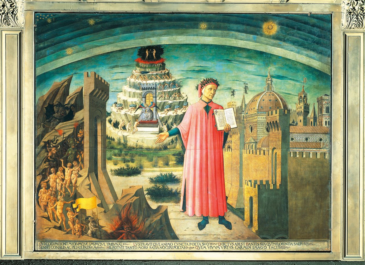 Dante og hans digt "Den guddommelige komedie" af Domenico di Michelino
