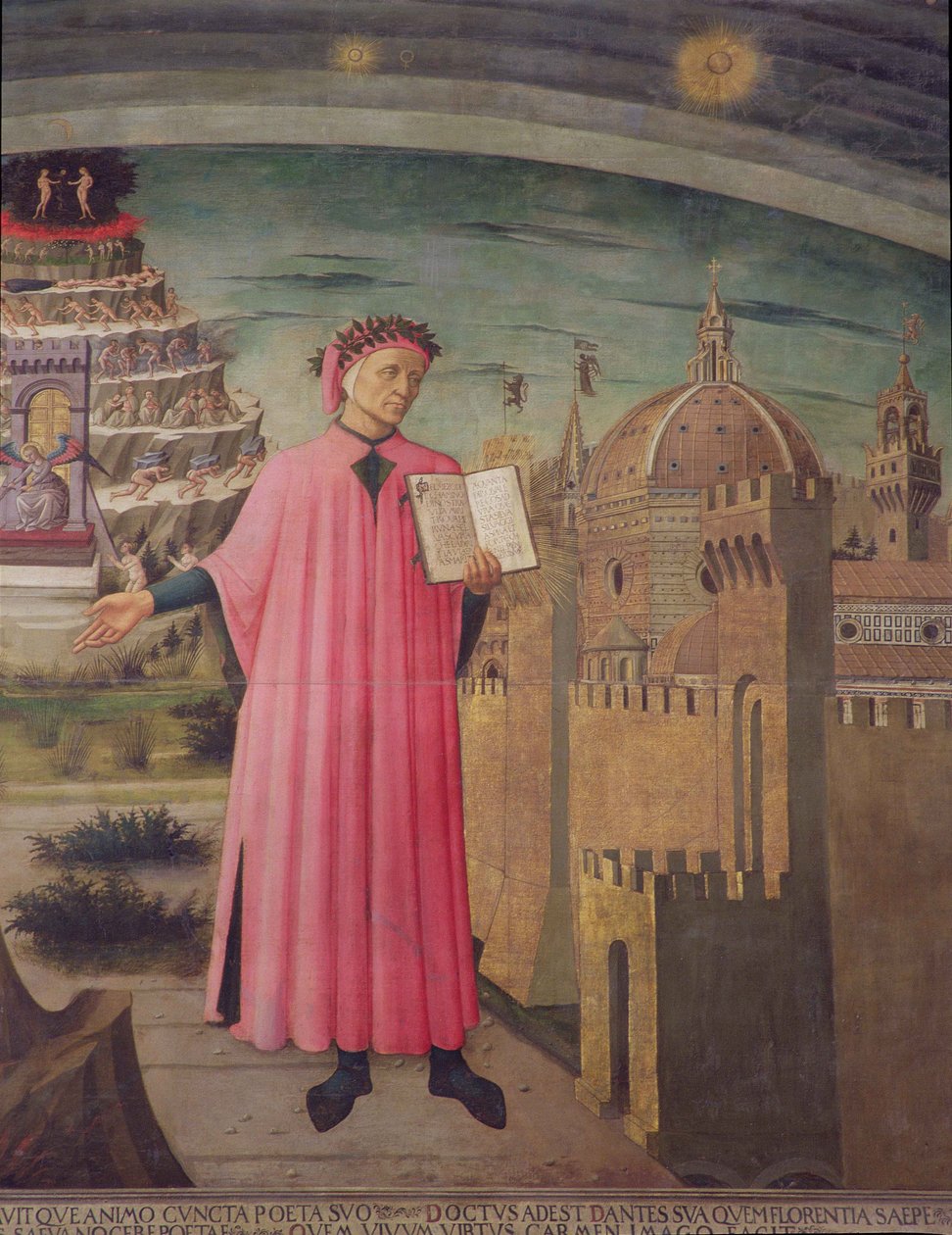 Dante læser fra The Divine Comedy-tempera på paneldetalje af 42355 af Domenico di Michelino