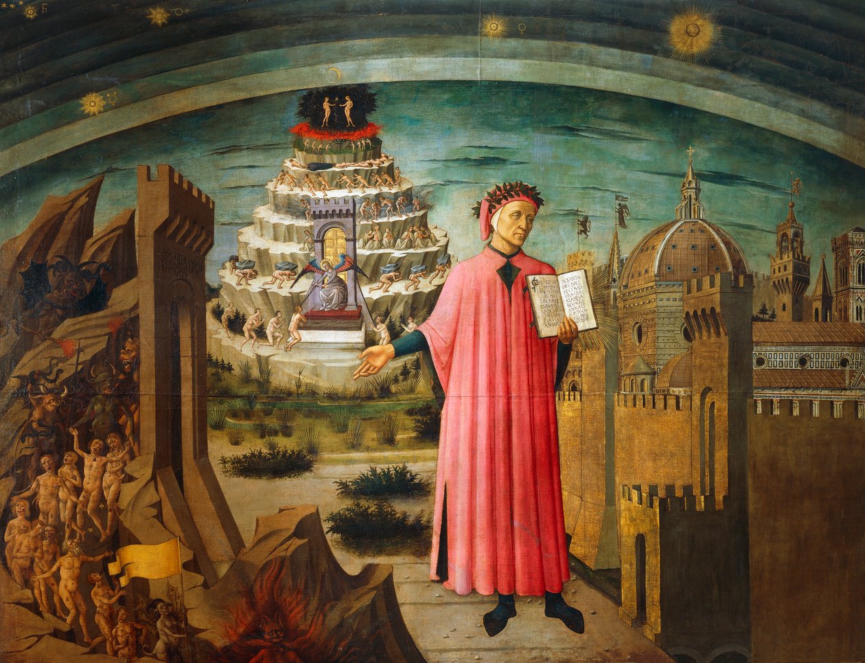 Divine Comedy, af Dante Alighieri (1265-1321), af Domenico di Michelino (1417-1491), fresco, Basilica of Saint Mary of Flower, Firenze, Italien af Domenico di Michelino