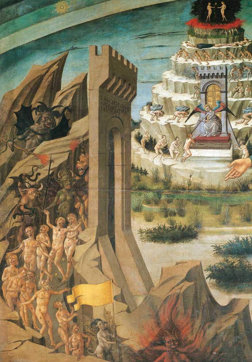 Figurer af forbandede detaljer fra Dante med guddommelig komedie, fresko af Domenico di Michelino (1417-1491), Santa Maria del Fiore-katedralen, Firenze, Italien af Domenico di Michelino