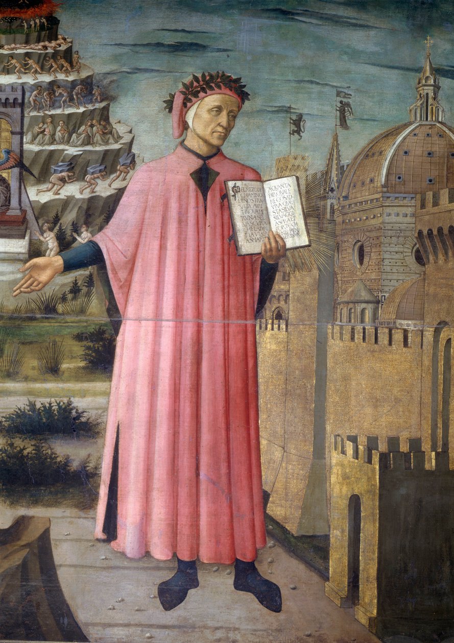Italien, Toscana-regionen, Firenze, katedralen, portræt af Dante Alighieri, Firenze og allegori af guddommelig komedie af Domenico di Michelino, hundesyge på lærred af Domenico di Michelino