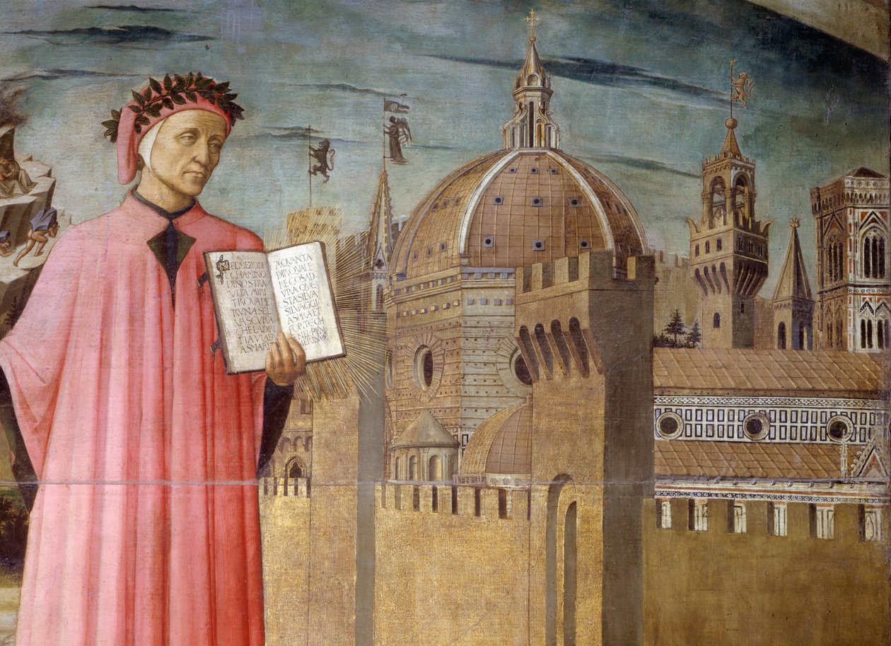 Italien, Toscana-regionen, Firenze, portræt af Dante Alighieri, Firenze og allegorien om den guddommelige komedie af Domenico di Michelino af Domenico di Michelino