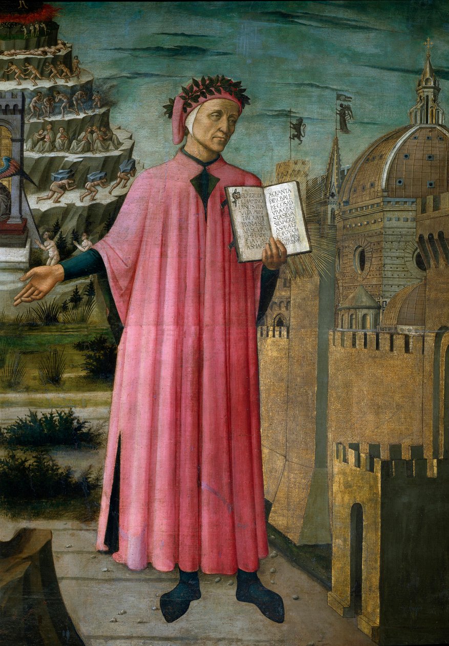 Den italienske digter Dante Alighieri (1265-1321) præsenterer sit værk La divine comedie ”(Den guddommelige komedie)” ”. Detalje. Fresco af Domenico di Michelino (1417-1491), Cathedrale Santa Maria del Fiore, Firenze. (Duomo, Firenze) Italien af Domenico di Michelino