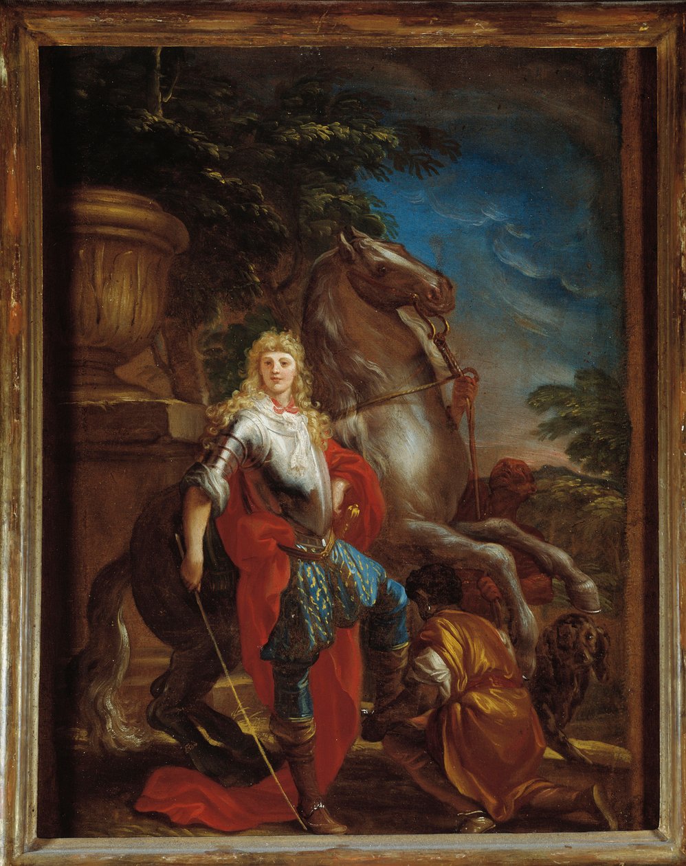 Portræt af en herre fra Genova med sin hest Maleri af Domenico Piola (1627-1703) Genes, Musei di Strada Nuova (ex Palazzo Bianco) af Domenico the Elder Piola