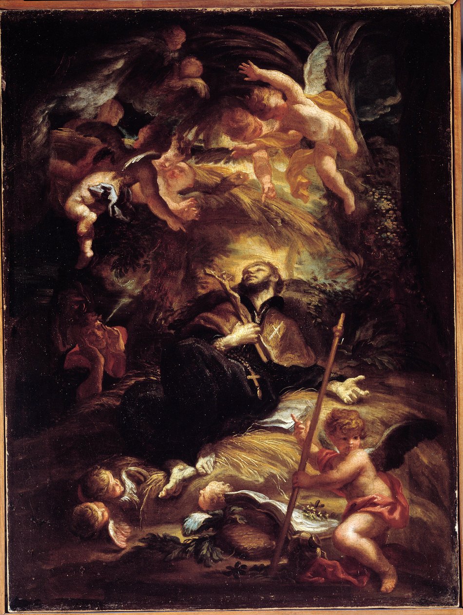 The Death of Saint Francois Xavier (Francois-Xavier) (1506-1552), Spansk Jesuite Missionær (The Death of St Francis Xavier) Maleri af Domenico Piola (1627-1703) Genes, Musei di Strada Nuova (ex Palazzo Bianco) af Domenico the Elder Piola