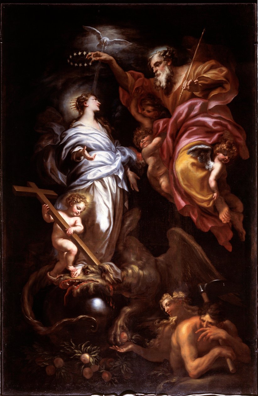 Jomfru ubesmittet og hellig far (olie på lærred af Domenico the Elder Piola