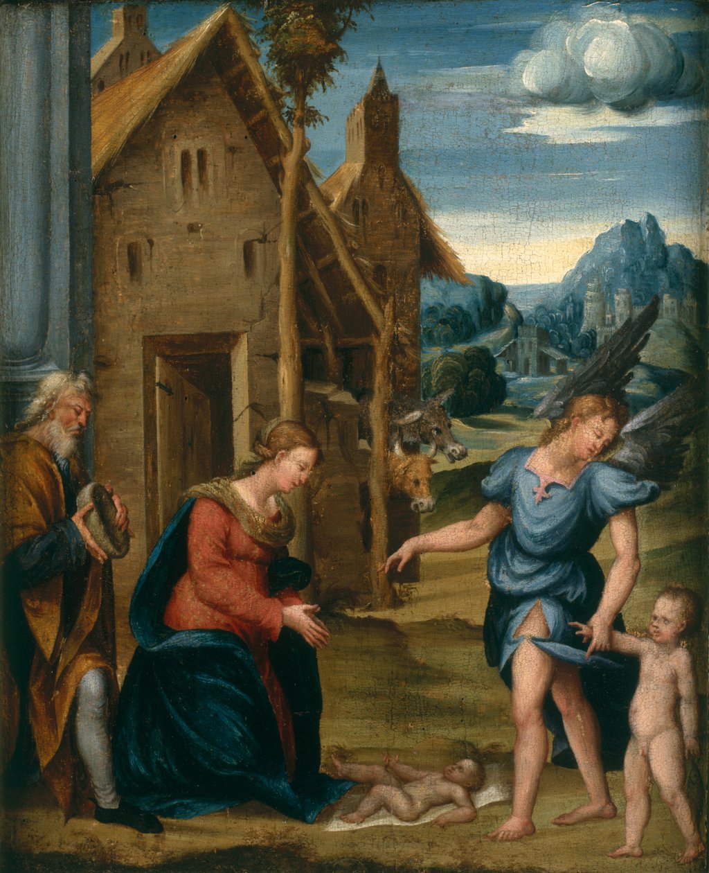 Tilbedelse af barnet med Rafael og Tobias, ca. 1510 af Domenico workshop attr.to Panetti