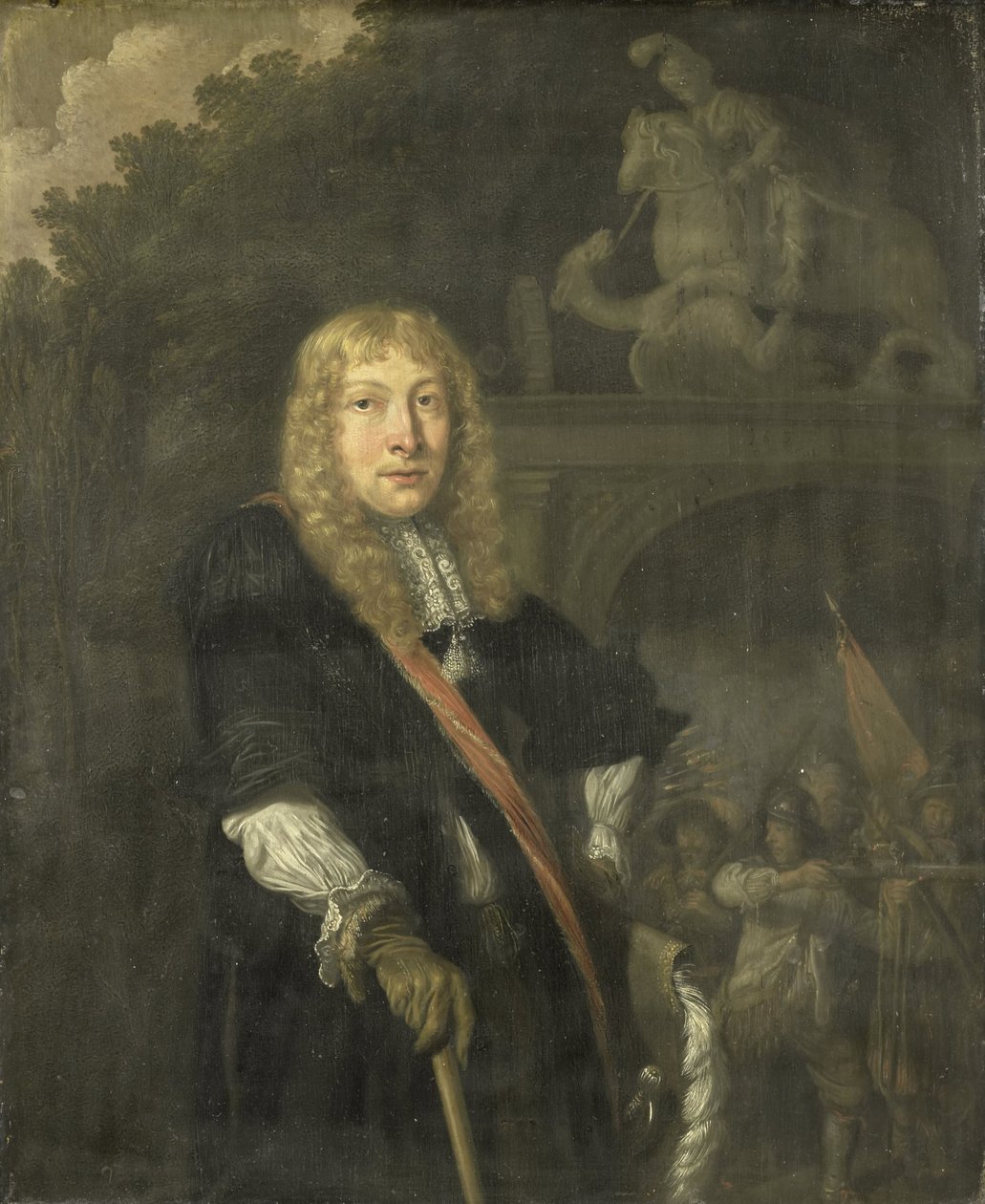 Portræt af en officer fra Leidens borgervagt foran porten til St. George-vagternes hovedkvarter af Domenicus van Tol