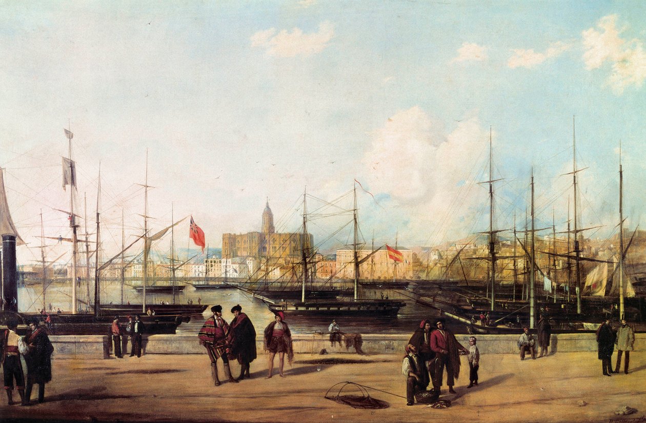 Udsigt over havnen i Malaga, Spanien af Domingo Gallego y Alvarez