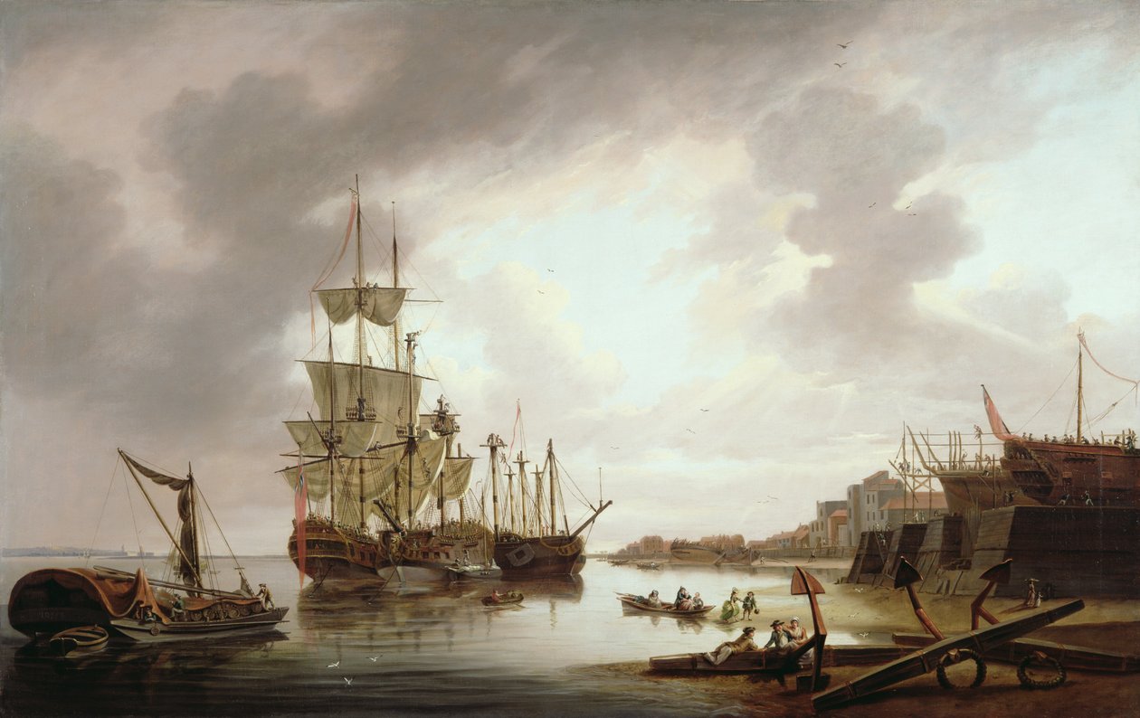 British Men of War ved Anchor in Blackwall Reach, 1792 af Dominic Serres