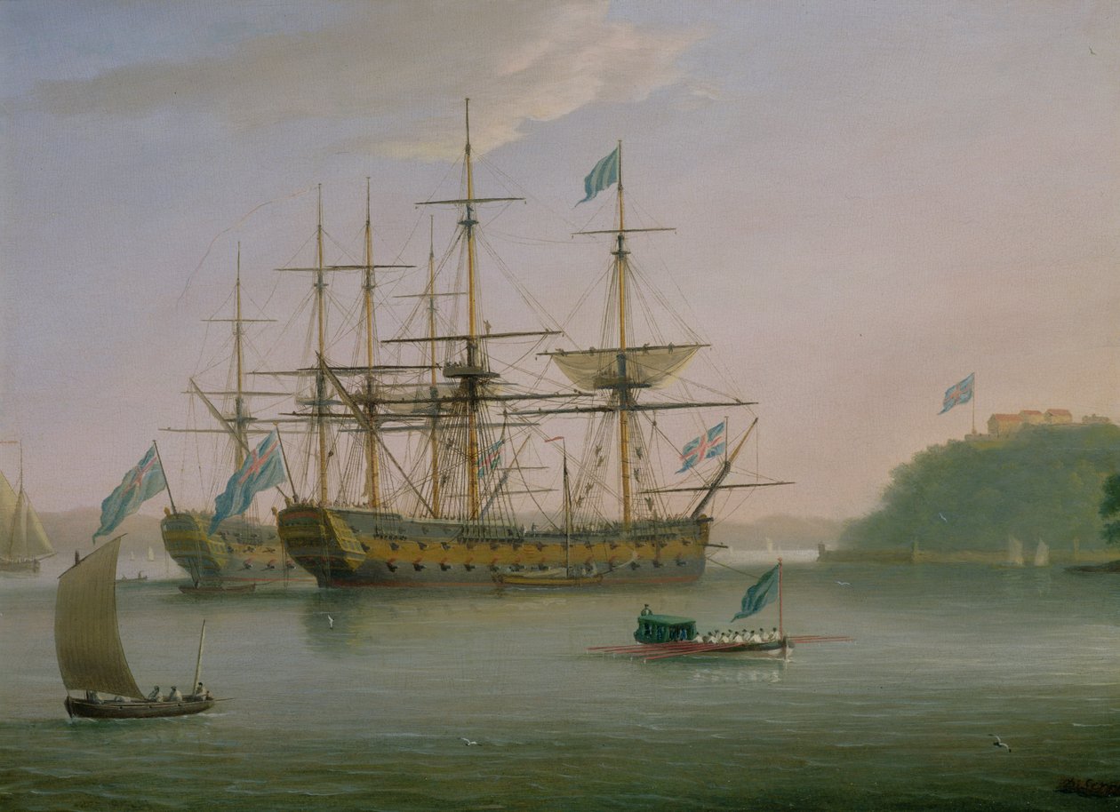 To britiske krigsmænd fortøjet under Mount Edgecombe, Plymouth med admiralens pram på vej tilbage til kysten af Dominic Serres