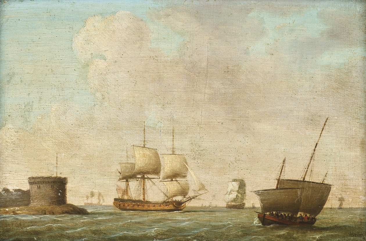 Fregat passerer en overfyldt lugger af Dominic (attributed to) Serres