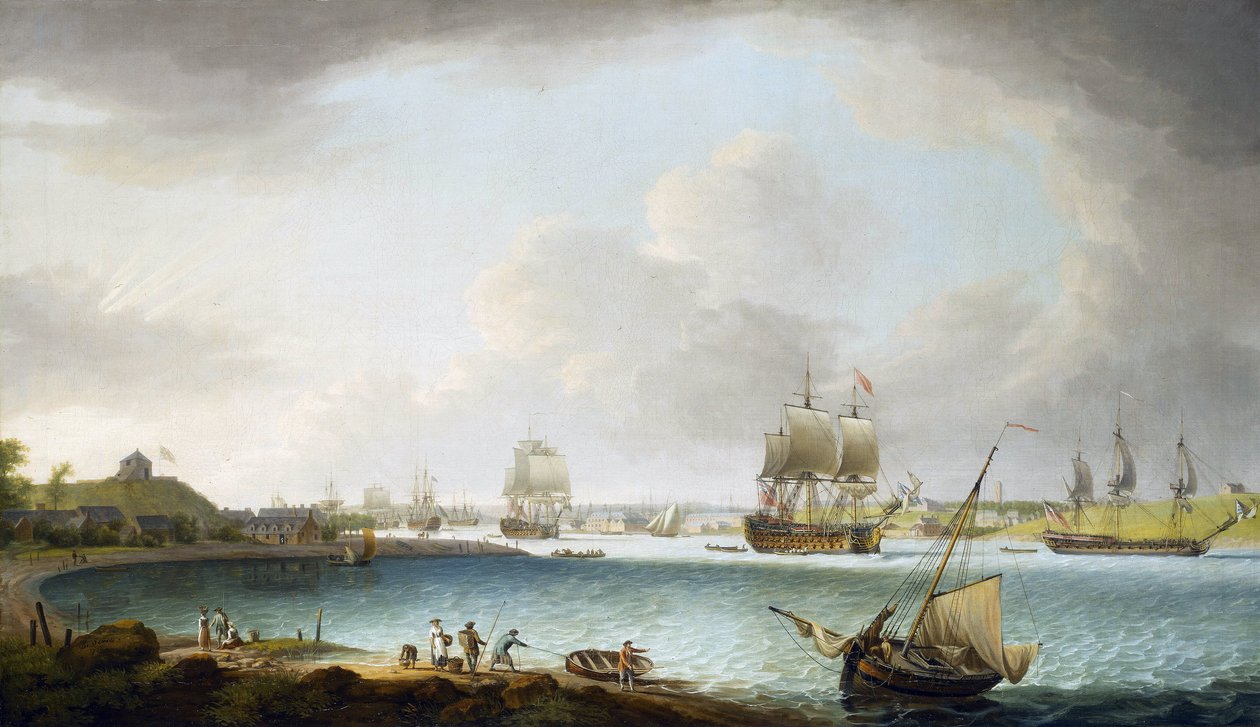 Den britiske Royal Navy-krigsskibseskadre i Plymouth, England. Olie på lærred af Dominic Serres