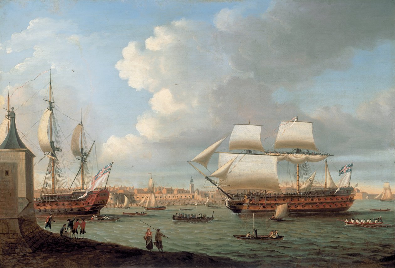 Foudroyant og Pegasus kom ind i Portsmouth Harbour, 1782 af Dominic Serres