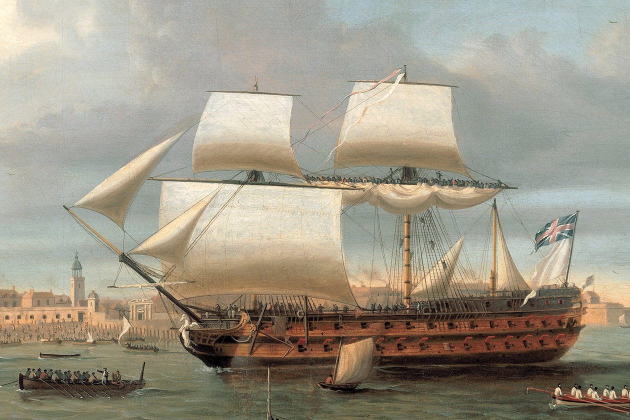 Foudroyant og Pégase på vej ind i Portsmouth havn, 1782 af Dominic Serres