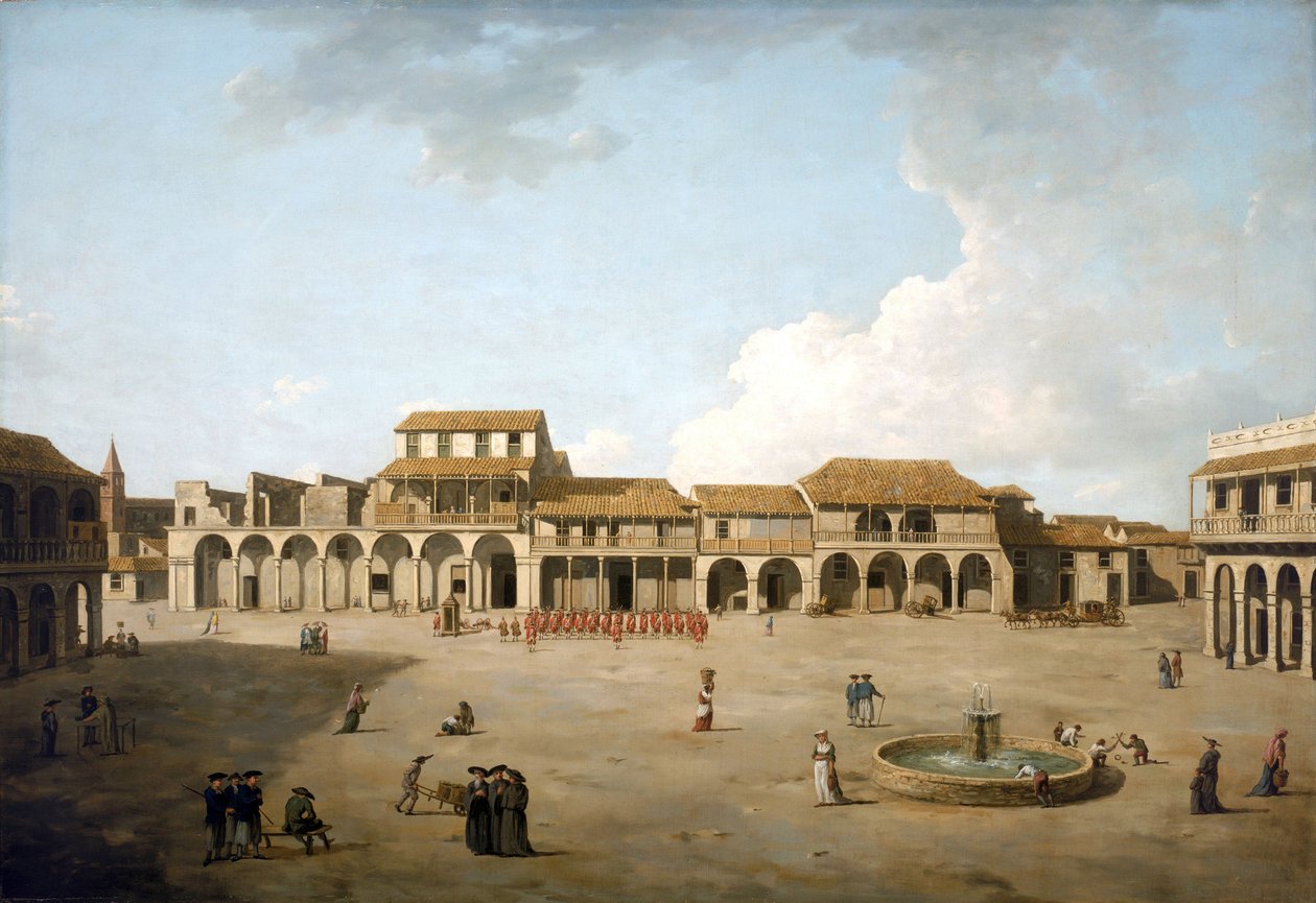 Havana Square (Cuba), august og september 1762, under britisk besættelse med en gruppe soldater i røde uniformer, beskrivelse af bygningerne og nogle engelske sømænd nær springvandet af Dominic Serres