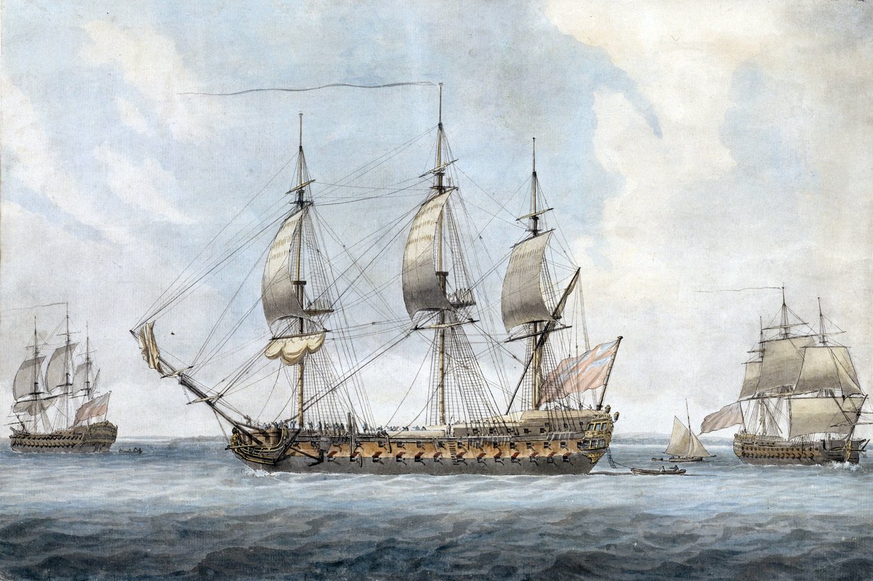 Portræt af et britisk skib med 74 kanoner i Solent (England), set fra tre forskellige vinkler. Maleri af Dominic Serres the Elder (1719-1793), akvarel omkring 1788. af Dominic Serres