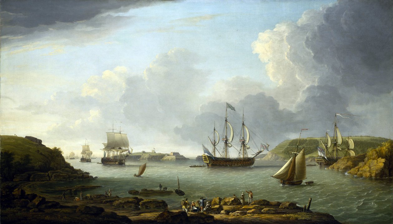 En flåde vender tilbage til Plymouth (England), beskrivelse af byen og bugten, inklusive Drake Island og Edgcumbe Mountain. Olie på lærred af Dominic Serres