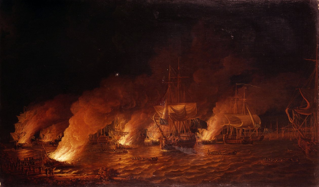 Syvårskrigen (1756-1763): Franske krigsskibe angriber den britiske flåde ud for Quebec City (Canada) om natten den 28. juni 1759. Olie på lærred af Dominic Serres