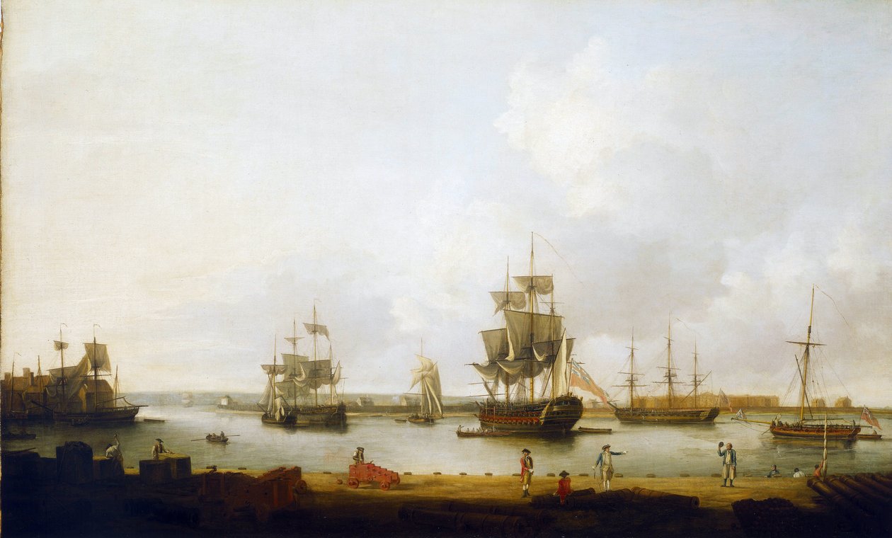 Krigsskibe ud for kanonkajen i Portsmouth (England) af Dominic Serres
