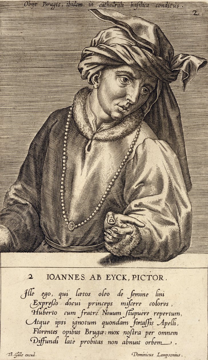 Portræt af Jan van Eyck (ca. 1390-1441) plade 2 i en serie portrætter af kunstnere, indgraveret af Theodor Galle (1571-1633) af Dominicus Lampsonius