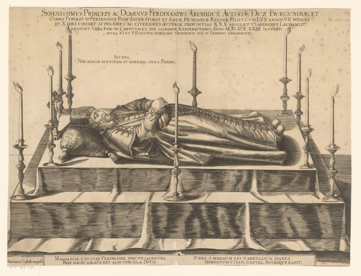 Portræt af Ferdinand II van Tirol Mest fredfyldte prins og lord Ferdinand ærkehertug af Østrig (...) (titel på objekt) af Dominicus Custos (possibly)