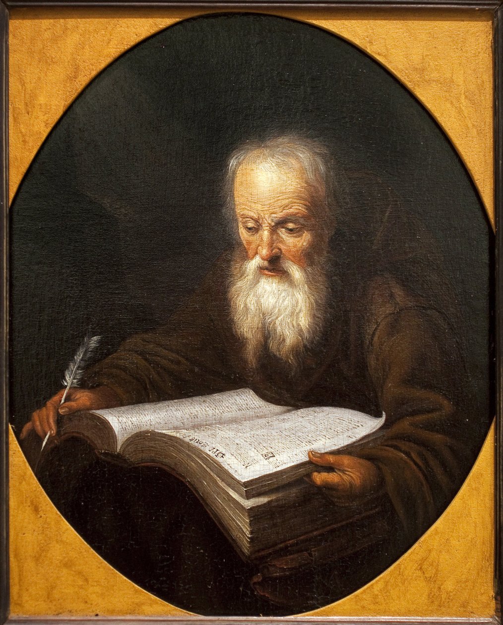 En munk læser, en fjer i hånden. Maleri af Domenicus Van Tol (1635-1676), olie på lærred, af Gerrit Dou (1613-1675). flamsk kunst af Dominicus van Tol