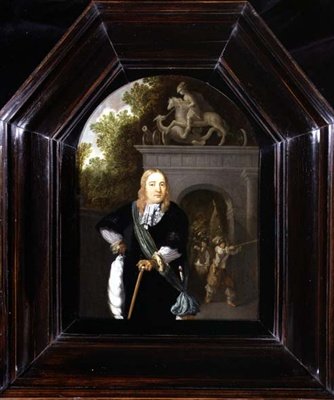 Portræt af kaptajn Jacobus Van Der Burgh stående foran Doeler Poort, Leiden af Dominicus van Tol