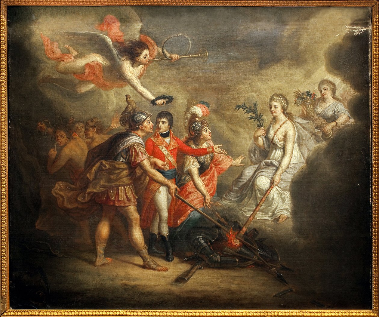 Amiens fred. Traite underskrev den 25. marts 1802 mellem Det Forenede Kongerige og dets allierede Det Osmanniske Rige på den ene side og Frankrig, Spanien og Holland på den anden side. Maleriet forestiller Napoleon I Bonaparte, kronet af en engel, der blæs af Dominique Doncre