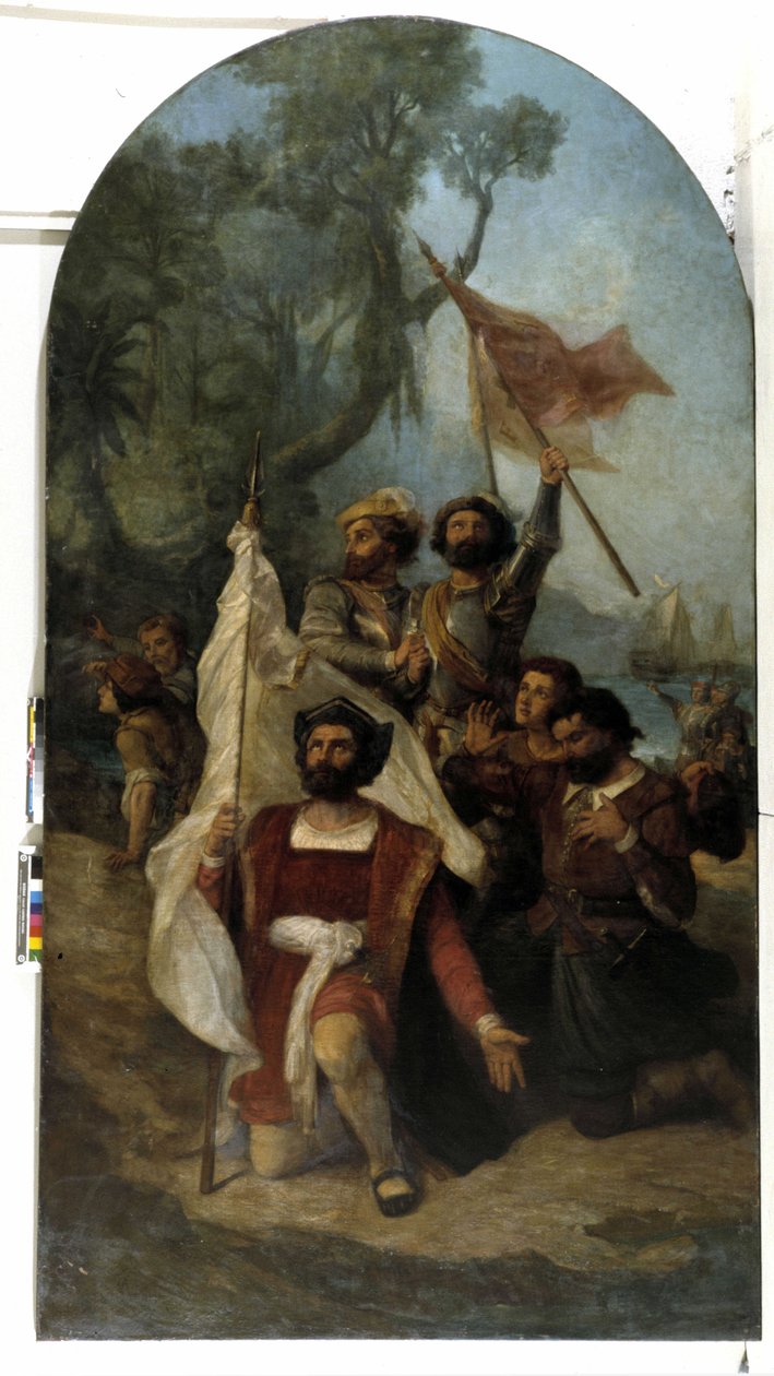 Navigatøren Christopher Columbus (Cristoforo Colombo, Cristobal Colon) (1451-1506), da han ankom til den nye verden i 1492 (olie på lærred) af Dominique Magaud