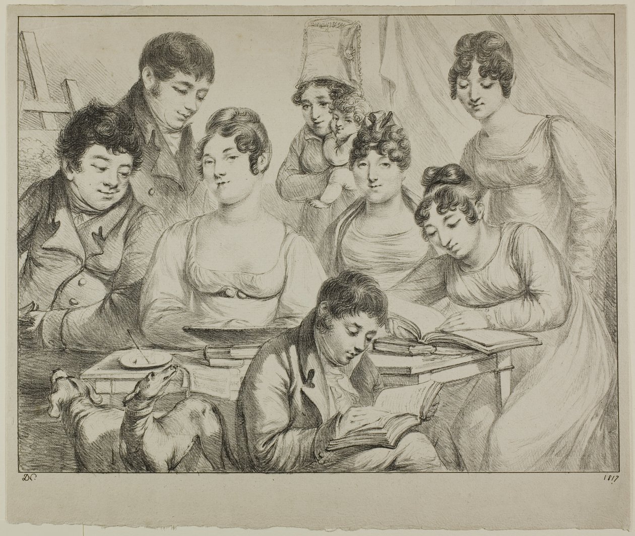 Samtale, en familietegning og læsning, sygeplejersken, der holder et spædbarn, et portræt af prins Edmond de Beauvau bag en stol og portrætter af madame Lavallée og madame Vallory, begge siddende af Dominique Vivant Denon