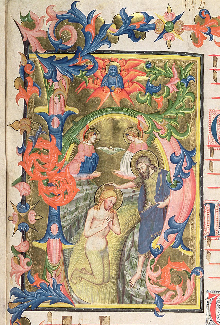 The Baptism of Christ, historisk indledende h vellum detalje af 362972 af Don Simone Camaldolese