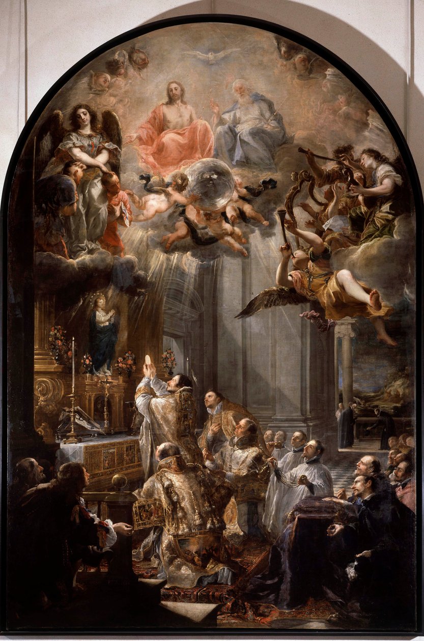 Grundmesse for Treenighedsordenen Den religiøse Treenighedsorden (eller den allerhelligste treenighedsorden) blev grundlagt af Johannes af Matha (1154-1213). Maleri af Juan Carreno de Miranda (1614-1683) søn. 5x3,1 m af Don Juan Carreno de Miranda
