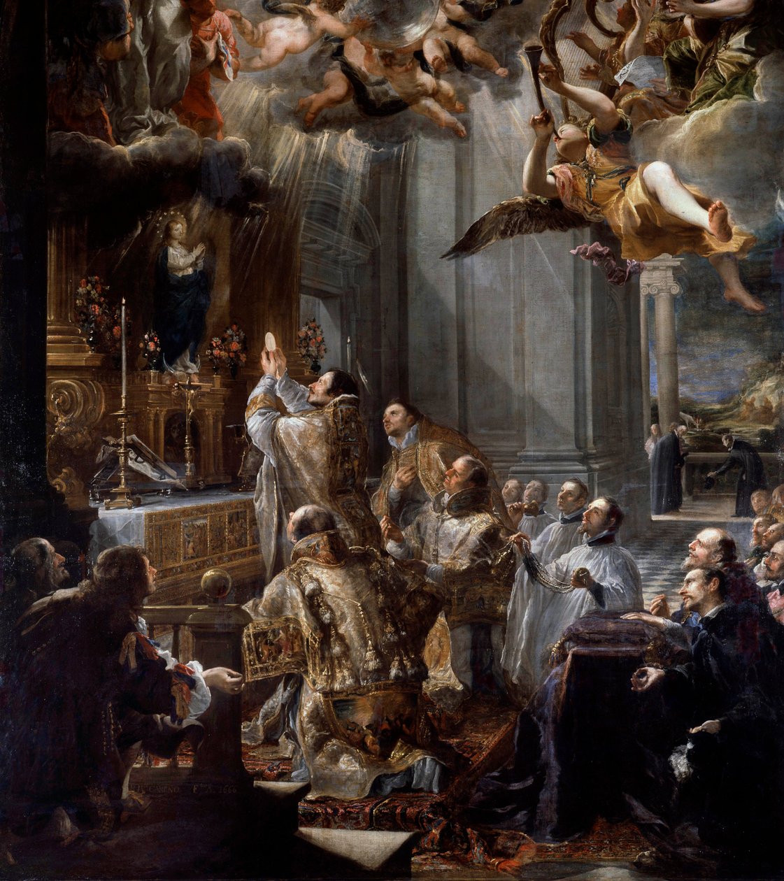 Grundmesse for Treenighedsordenen Den religiøse Treenighedsorden (eller den allerhelligste treenighedsorden) blev grundlagt af Johannes af Matha (1154-1213). Detalje af et maleri af Juan Carreno de Miranda (1614-1683) Dim. 5x3,1 m af Don Juan Carreno de Miranda