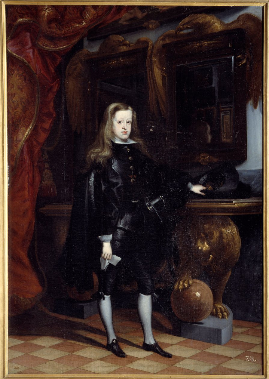 Portræt ved foden af Karl II af Spanien (1661-1700) Maleri af Juan de Carreno Miranda (1614-1685) af Don Juan Carreno de Miranda