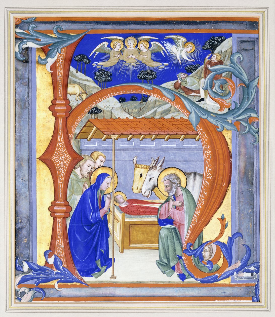 Belyst historisk initial "N", der skildrer en julekrybbe, 1410 af Don Simone Camaldolese