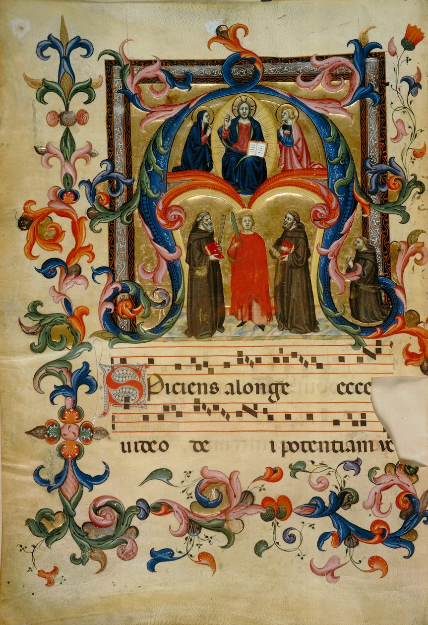 Oplyst initial med Kristus i herlighed (Corale 39, ca. 1v), værk til korbog 39 af Santa Maria degli Angeli fra kirken San Pancrazio i Firenze af Don Simone Camaldolese